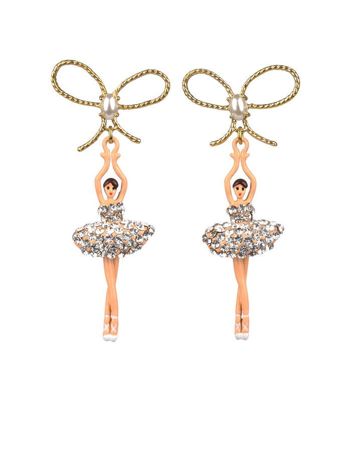 les néréides LUXURY PAS DE DEUX CRYSTAL RHINESTONE BALLERINA AND PEARL STUD EARRINGS - Silver Crystal