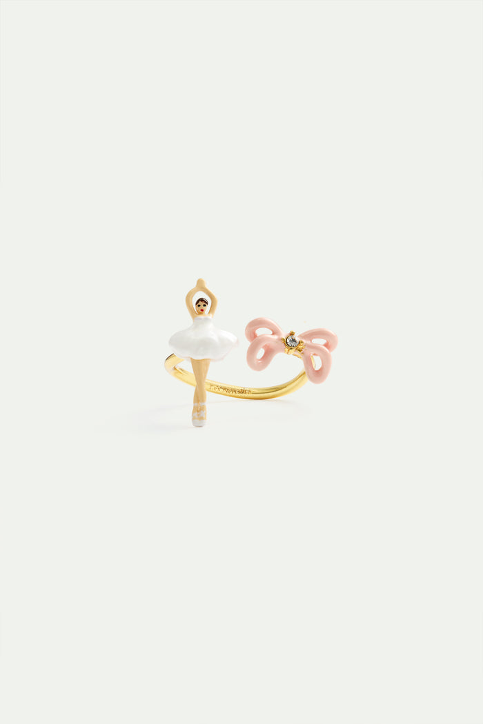 Les Néréides Mini Ballerina And Pink Bow Adjustable Ring - White