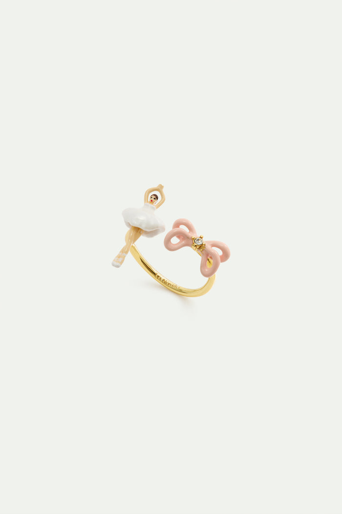 les néréides Mini Ballerina and Pink Bow Adjustable Ring - White