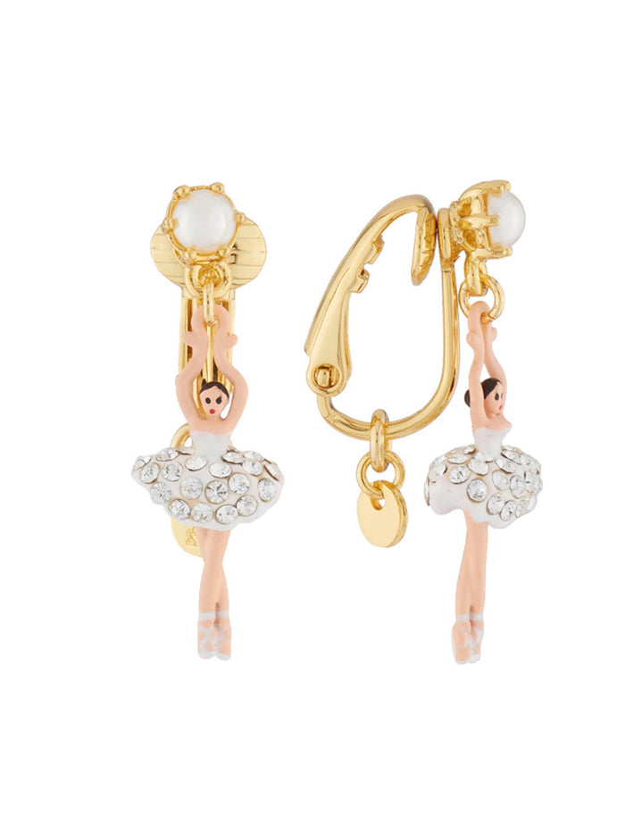 Les Néréides MINI LUXURY PAS DE DEUX MINI BALLERINA WITH SILVER CRYSTALS CLIP-ON EARRINGS - Silver