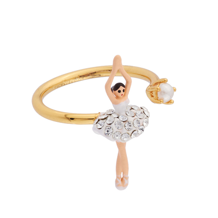 Les Néréides MINI LUXURY PAS DE DEUX MINI BALLERINA WITH SILVER CRYSTALS ADJUSTABLE RING - Silver