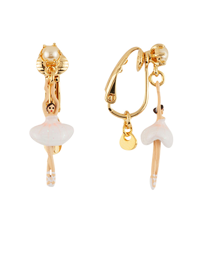 Les Néréides MINI PAS DE DEUX WITH MINI BALLERINA AND PEARL CLIP-ON EARRINGS - White