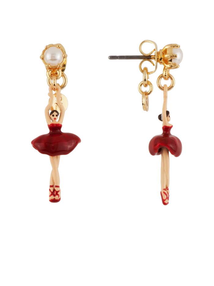 Les Néréides MINI PAS DE DEUX WITH RED MINI BALLERINA AND PEARL STUD EARRINGS - Red