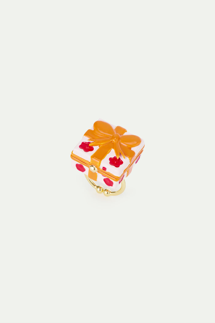 les néréides N2 Adjustable ring with Pink Gift Box Red Flower and Orange Bow - Multicolor