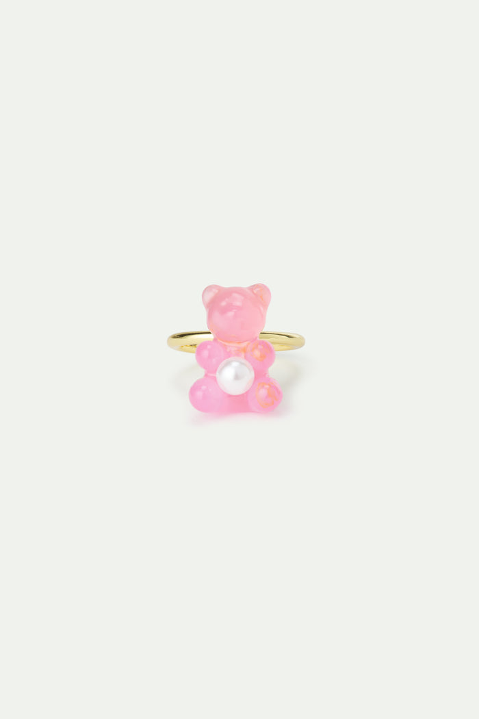 Les Néréides N2 Adjustable Ring With Pink Teddy Bear Sweet And White Imitation Pearl - Pink