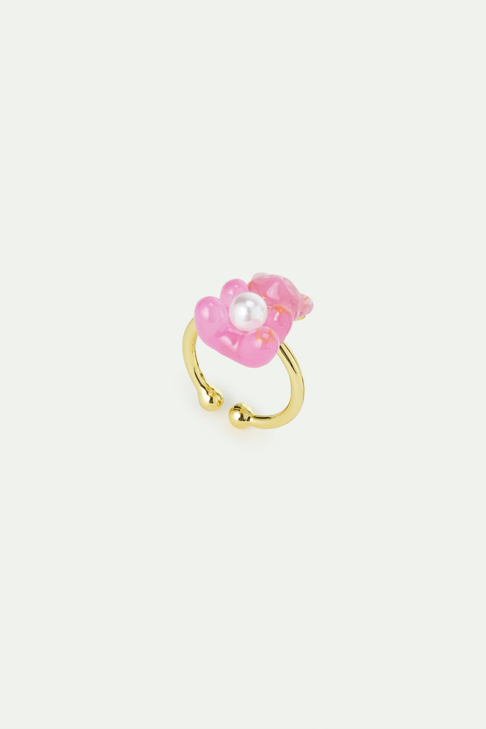 les néréides N2 Adjustable ring with Pink Teddy Bear Sweet and White Imitation Pearl - Pink