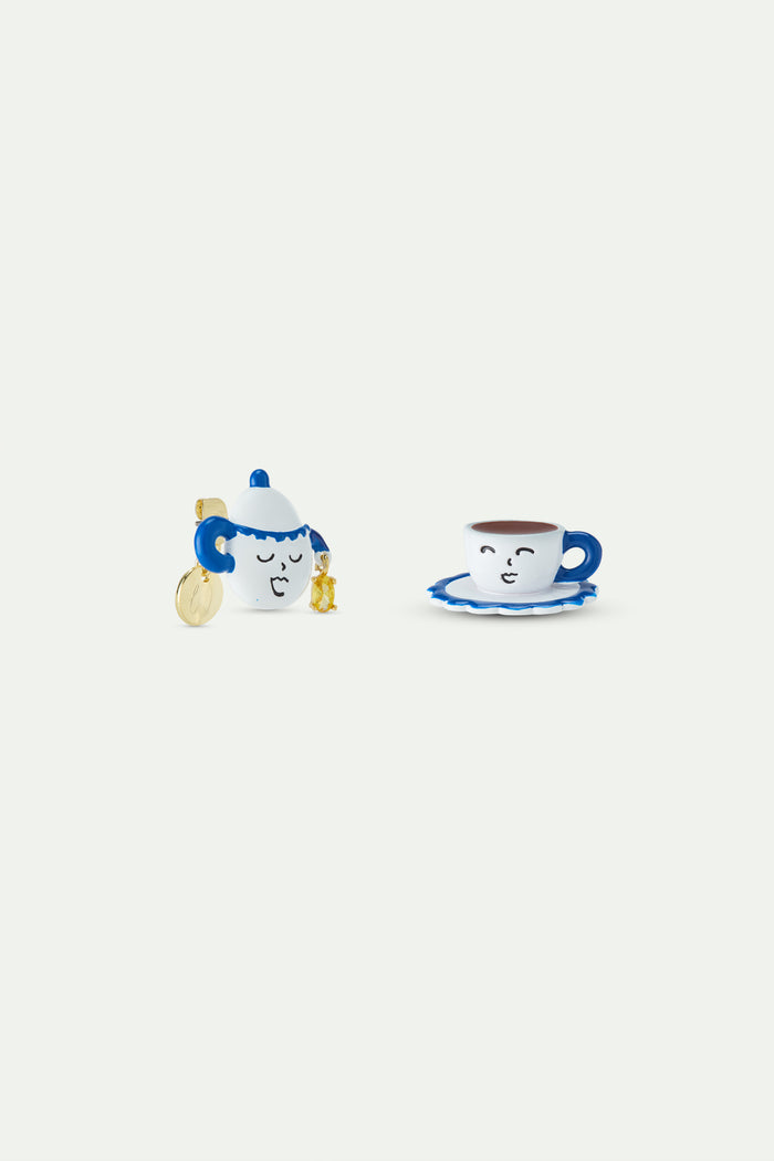 Les Néréides N2 Asymmetric Post Earrings With Blue And White Teapot And Little Yellow Stone - White