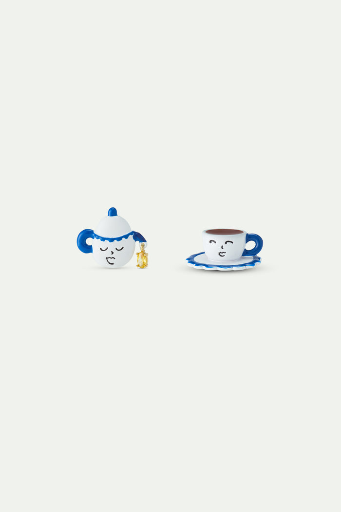 les néréides N2 Asymmetric Post Earrings with Blue and White Teapot and Little Yellow Stone - White