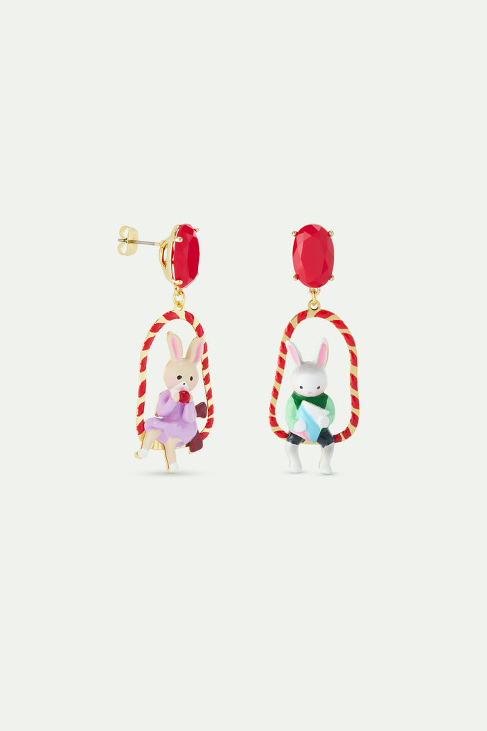 Les Néréides N2 Asymmetrical Dangle Post Earrings With Rabbit Hansel And Gretel On Red Swing - Multicolor