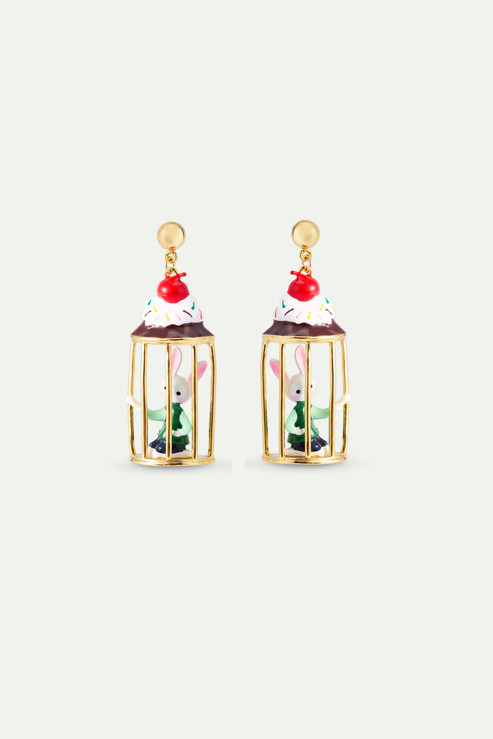 les néréides N2 Asymmetrical Dangle Post Earrings with Rabbit Hansel and Sweet Treats - Multicolor