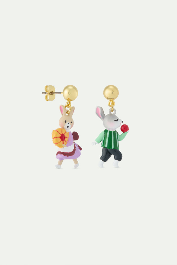 Les Néréides N2 Asymmetrical Dangle Post Earrings With Rabbit Hansel And Gretel - Multicolor