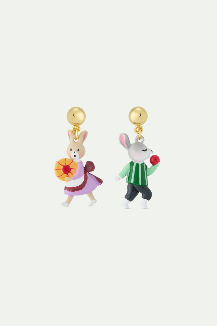 les néréides N2 Asymmetrical Dangle Post Earrings with Rabbit Hansel and Gretel - Multicolor