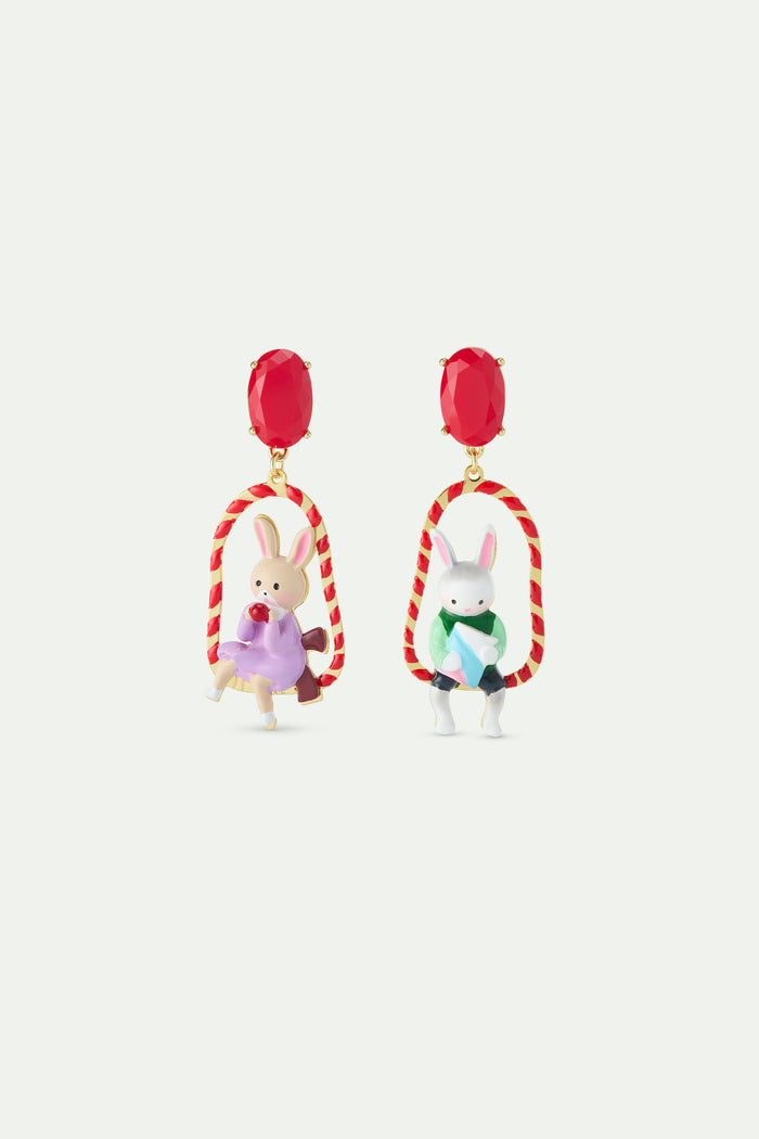 les néréides N2 Asymmetrical Dangle Post Earrings with Rabbit Hansel and Gretel on Red Swing - Multicolor