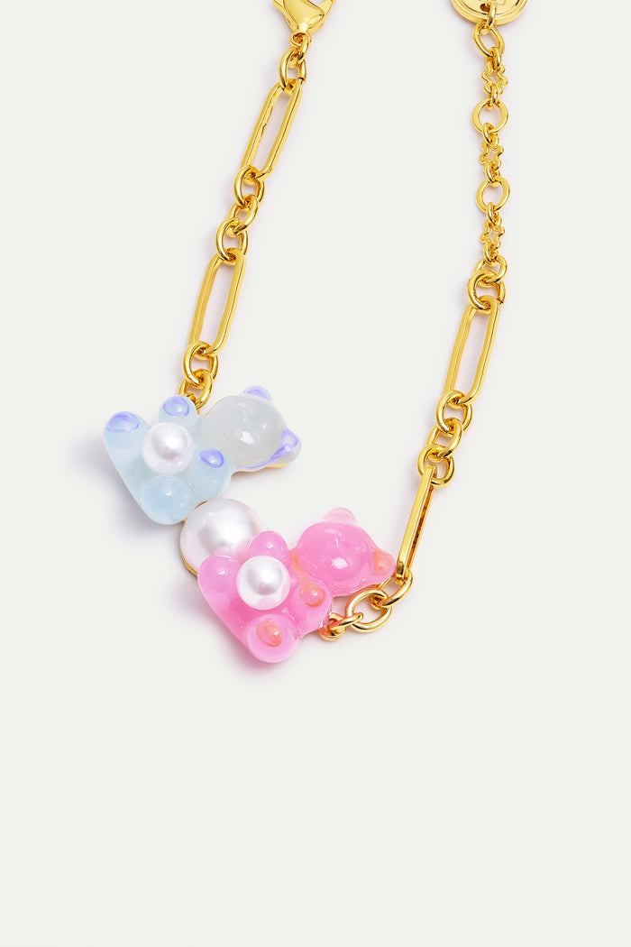 Les Néréides N2 Blue And Pink Teddy Bear Sweet Bracelet With White Imitation Pearl - Multicolor