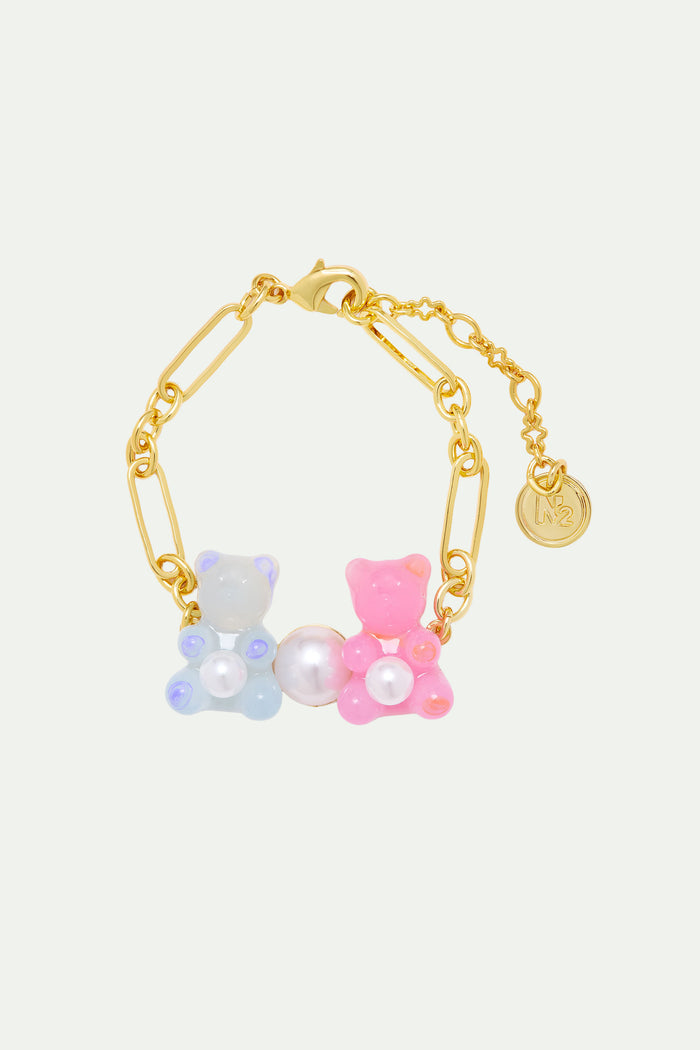 les néréides N2 Blue and Pink Teddy Bear Sweet Bracelet with White Imitation Pearl - Multicolor