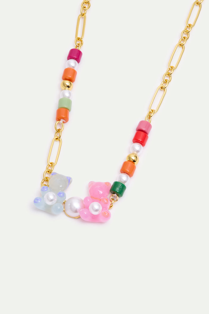 Les Néréides N2 Blue And Pink Teddy Bear Sweet Necklace And Colorful Beads - Multicolor