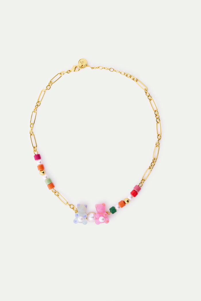 Les Néréides N2 Blue And Pink Teddy Bear Sweet Necklace And Colorful Beads - Multicolor