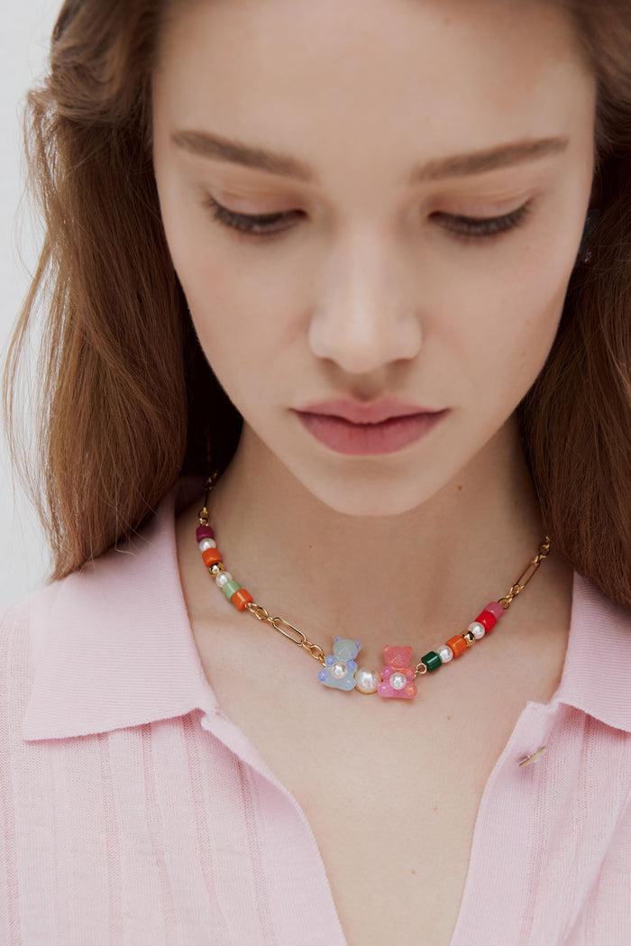 Les Néréides N2 Blue And Pink Teddy Bear Sweet Necklace And Colorful Beads - Multicolor