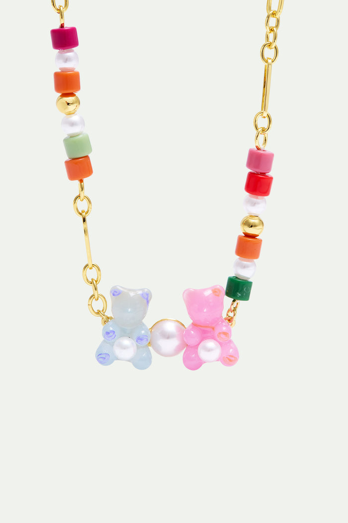 les néréides N2 Blue and Pink Teddy Bear Sweet Necklace and Colorful Beads - Multicolor