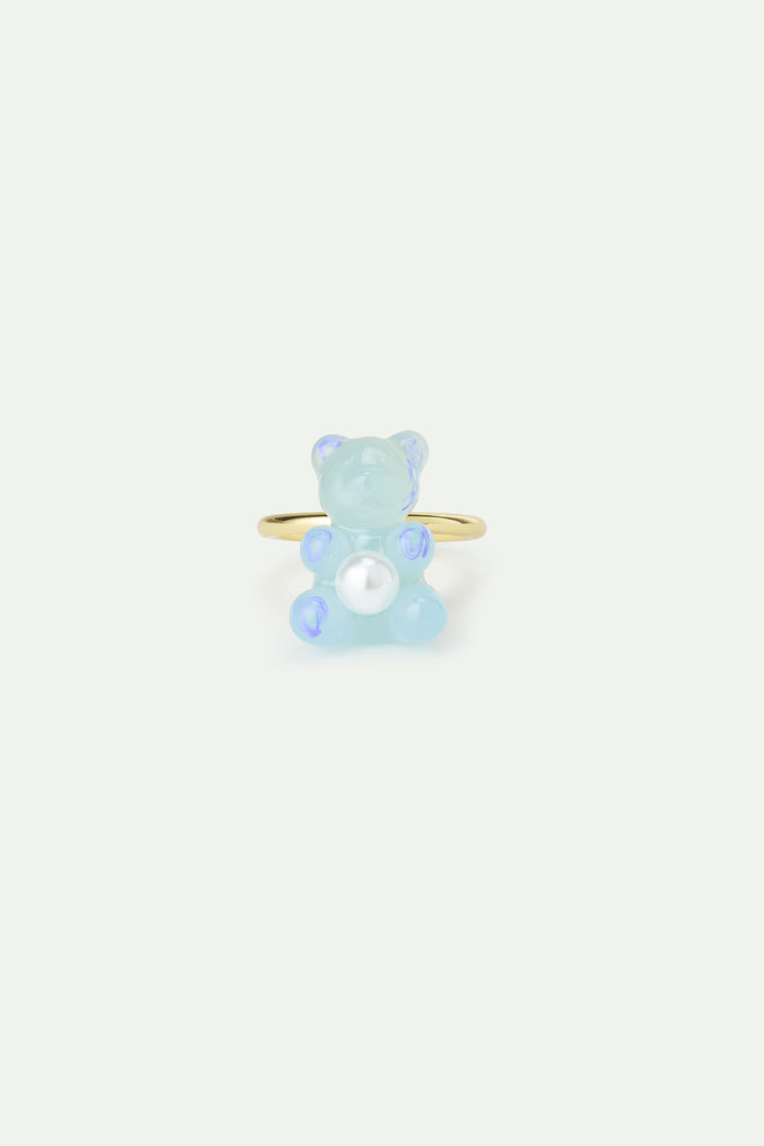 Les Néréides N2 Blue Teddy Bear Sweet And Imitation Pearl Adjustable Ring - Blue
