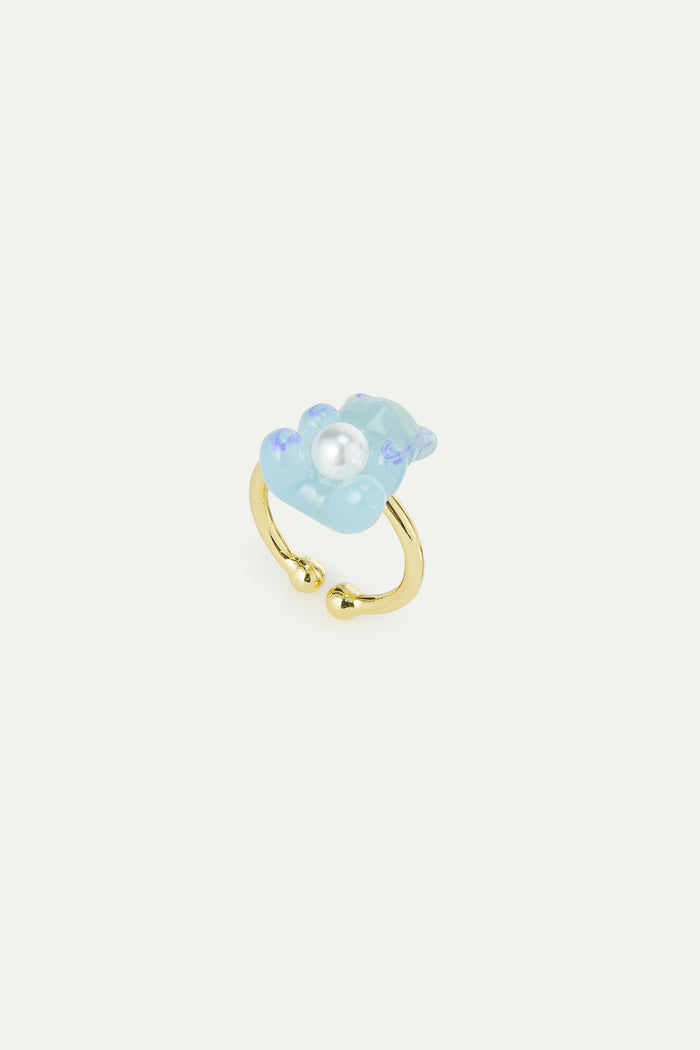 les néréides N2 Blue Teddy Bear Sweet and Imitation Pearl Adjustable Ring - Blue