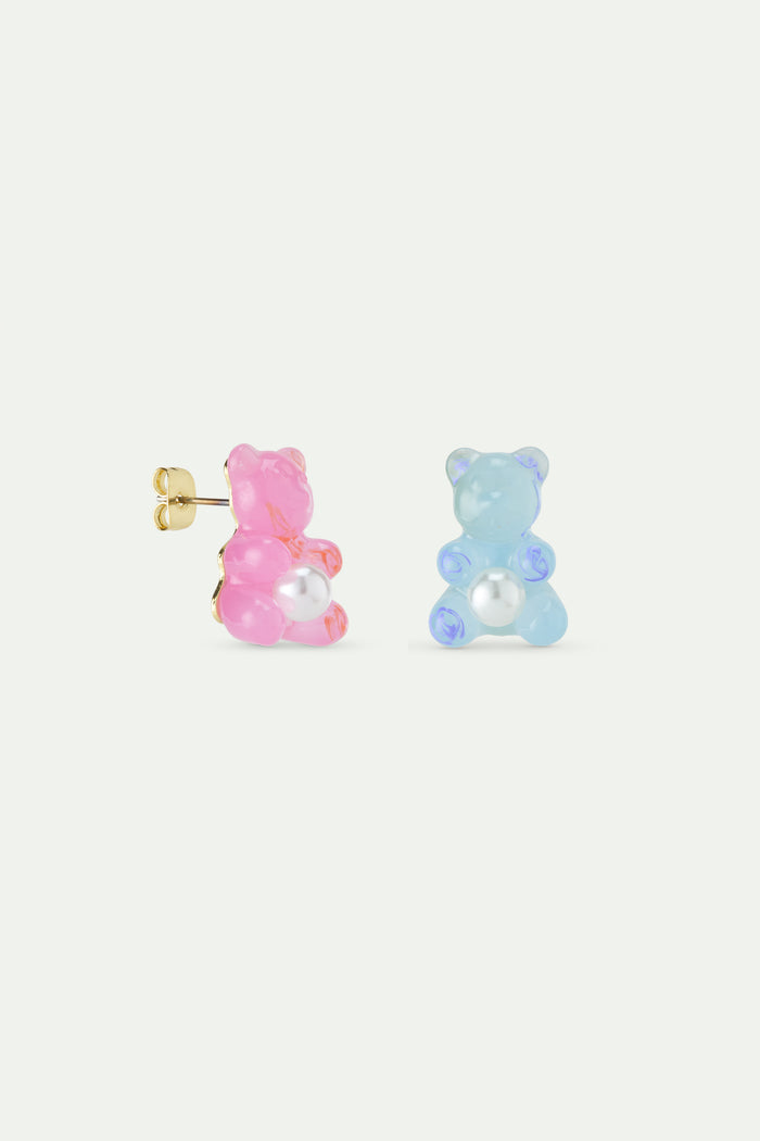 Les Néréides N2 Blue Teddy Bear Sweet Rose And White Imitation Pearl Post Earrings - Multicolor