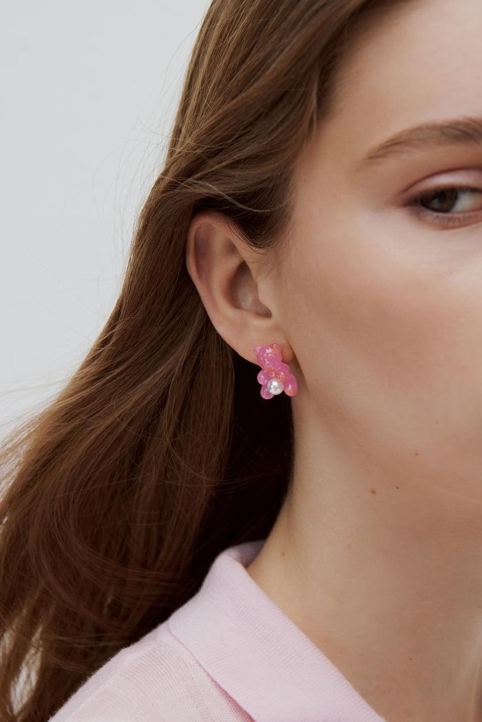 Les Néréides N2 Blue Teddy Bear Sweet Rose And White Imitation Pearl Clip-On Earrings - Multicolor