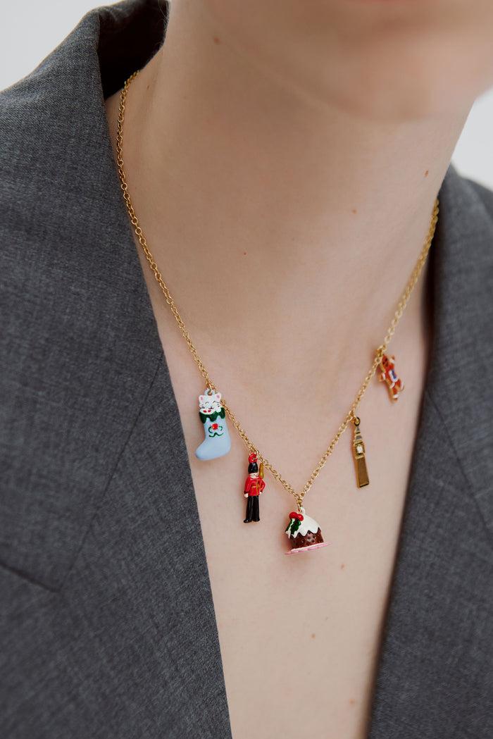 Les Néréides N2 Christmas Stocking King's Guard Christmas Pudding Big Ben And Gingerbread Man Charm Necklace - Multicolor