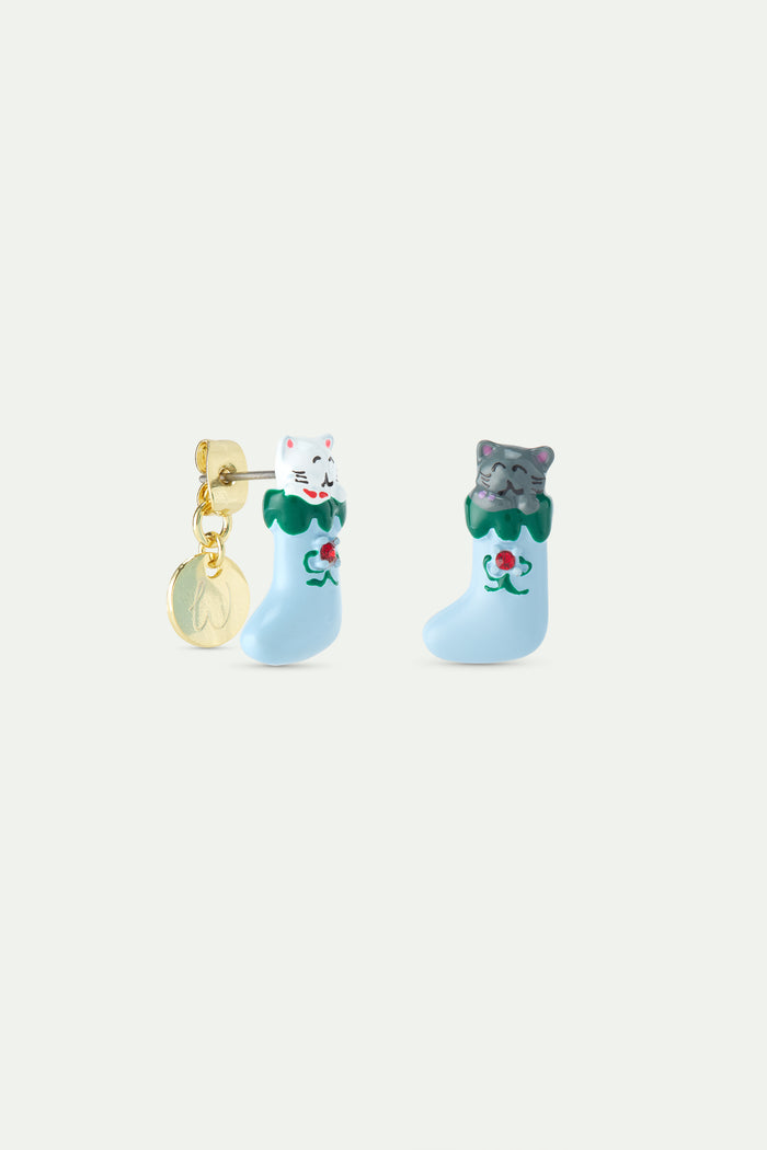Les Néréides N2 Christmas Stocking Post Earrings With White And Grey Cats And Red Faceted Crystal - Multicolor