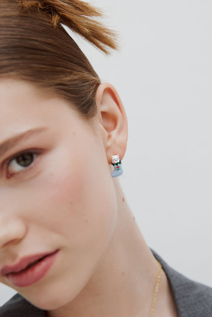 Les Néréides N2 Christmas Stocking Post Earrings With White And Grey Cats And Red Faceted Crystal - Multicolor