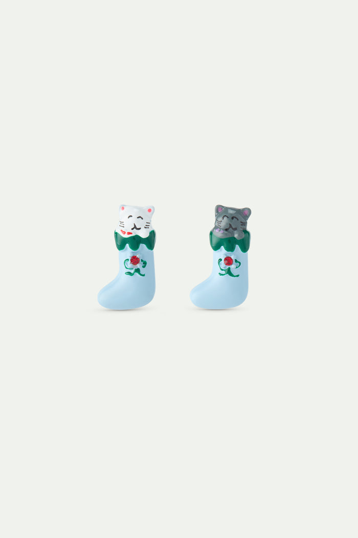 les néréides N2 Christmas Stocking Post Earrings with White and Grey Cats and Red Faceted Crystal - Multicolor