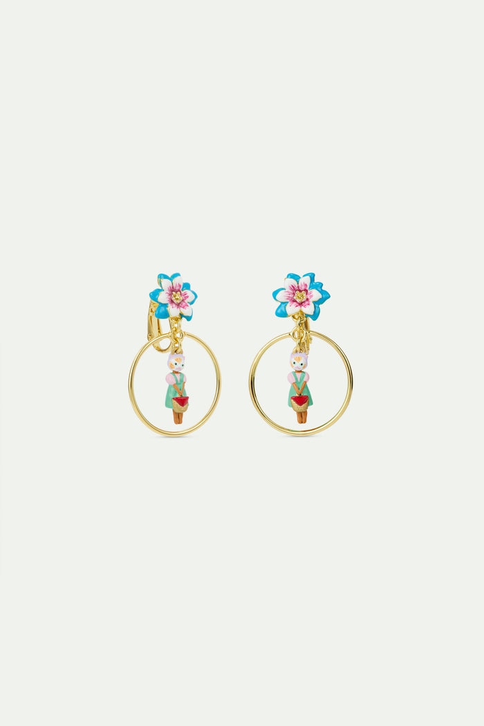Les Néréides N2 Ginger Cat And Blue Flower Dangle Hoop Clip-On Earrings - Multicolor