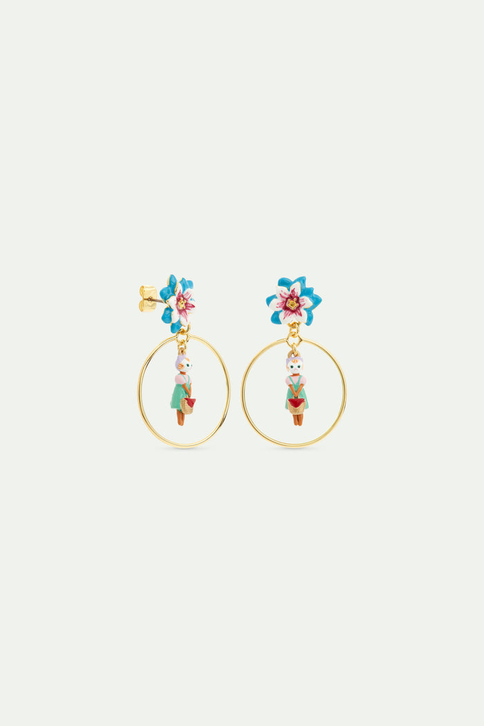 Les Néréides N2 Ginger Cat And Blue Flower Hoop Post Earrings - Multicolor