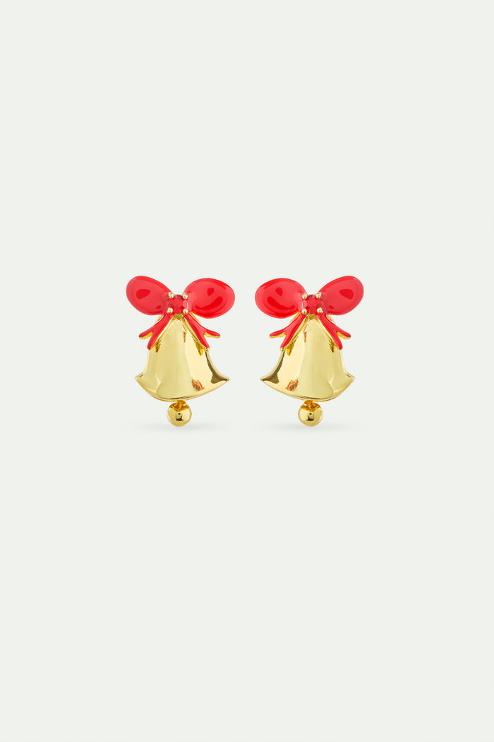 les néréides N2 Gold Bell Post Earrings with Red Bow and Faceted Red Stone - Gold