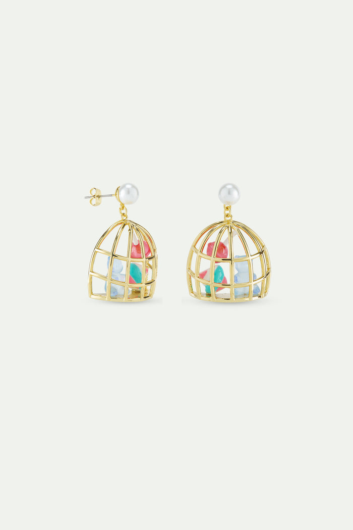 Les Néréides N2 Gold Cage Post Earrings With Blue Teddy Bear Sweet Marshmallow And Lollipop - Multicolor