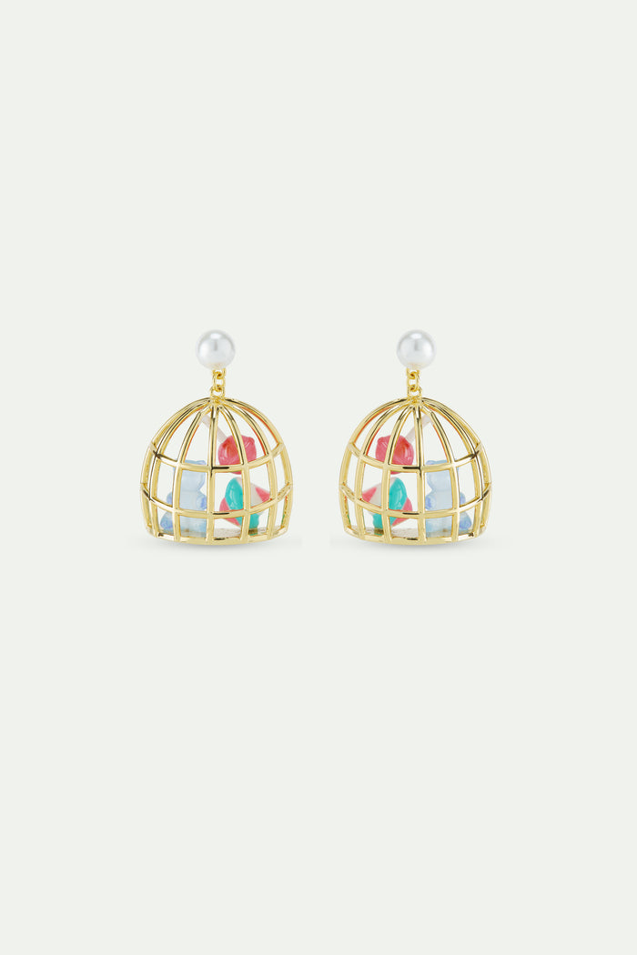 les néréides N2 Gold Cage Post Earrings with Blue Teddy Bear Sweet Marshmallow and Lollipop - Multicolor