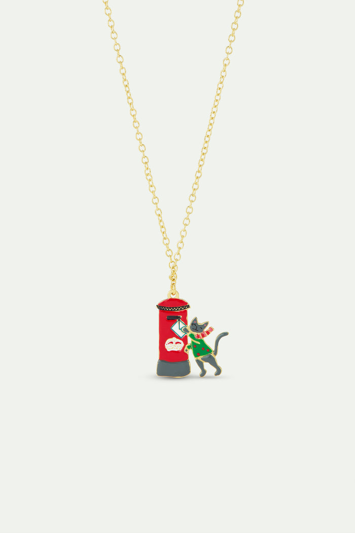 les néréides N2 Pendant Necklace with London Red Postbox Card Grey Cat and Green Jumper - Multicolor