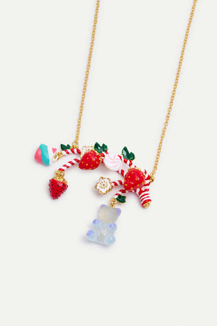 Les Néréides N2 Statement Necklace With Candy Cane Strawberry Marshmallow Blue Teddy Bear Sweet And White Flowers - Multicolor