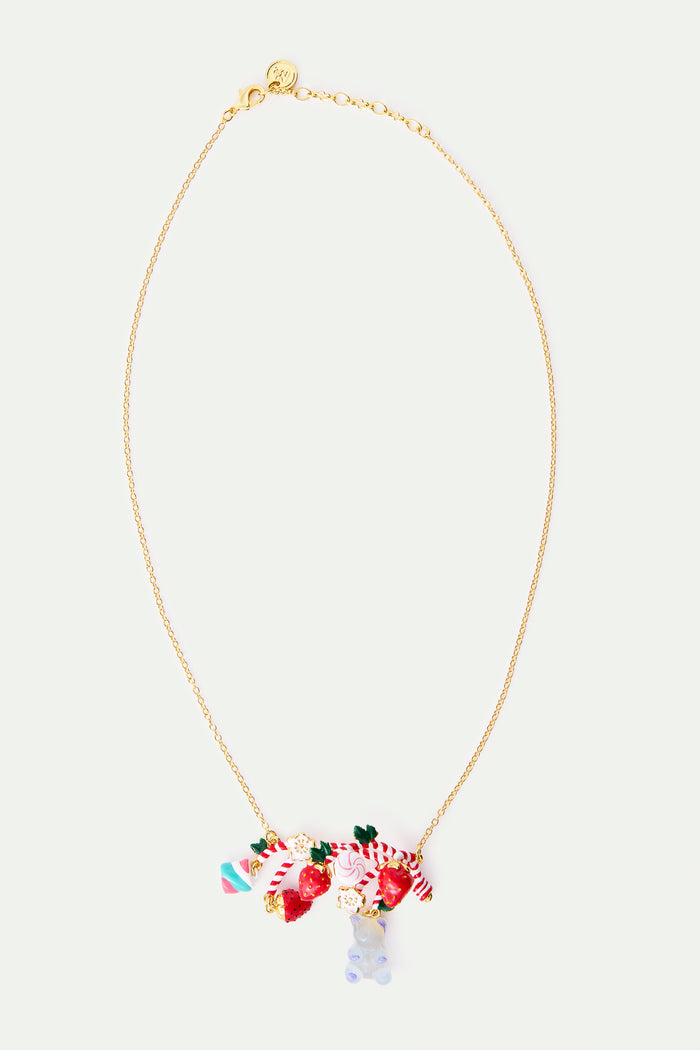 Les Néréides N2 Statement Necklace With Candy Cane Strawberry Marshmallow Blue Teddy Bear Sweet And White Flowers - Multicolor
