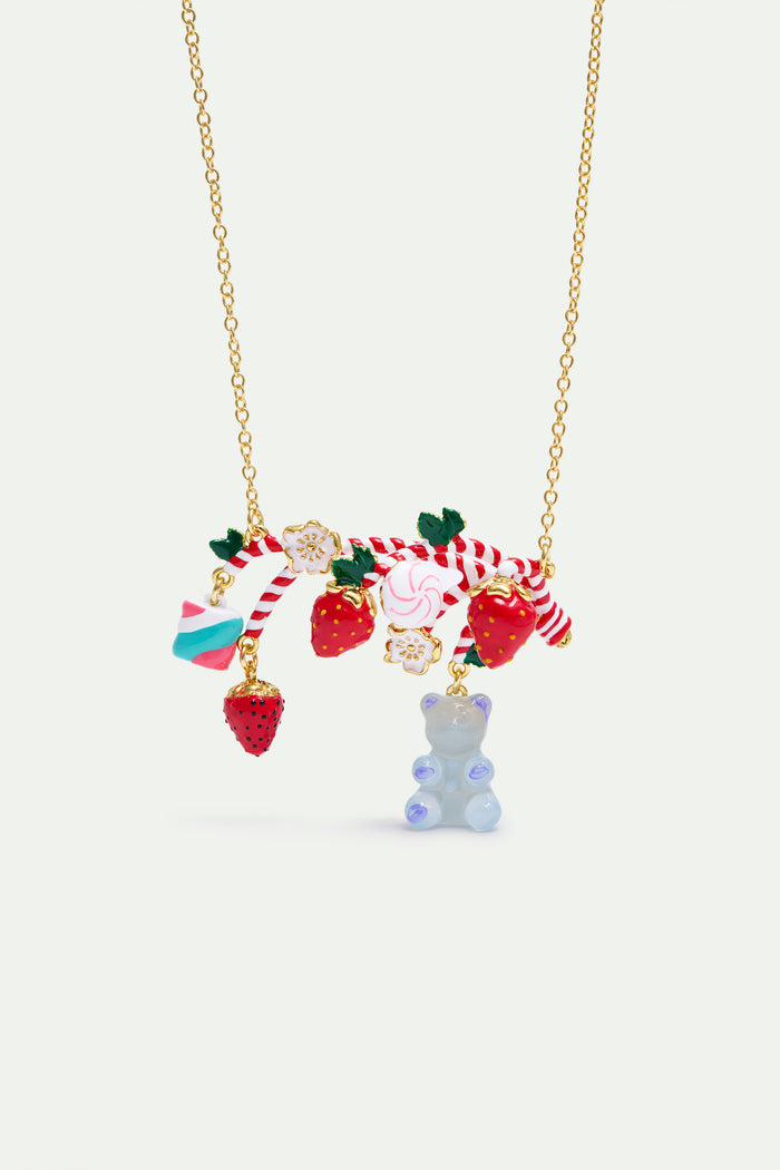 les néréides N2 Statement Necklace with Candy Cane Strawberry Marshmallow Blue Teddy Bear Sweet and White Flowers - Multicolor