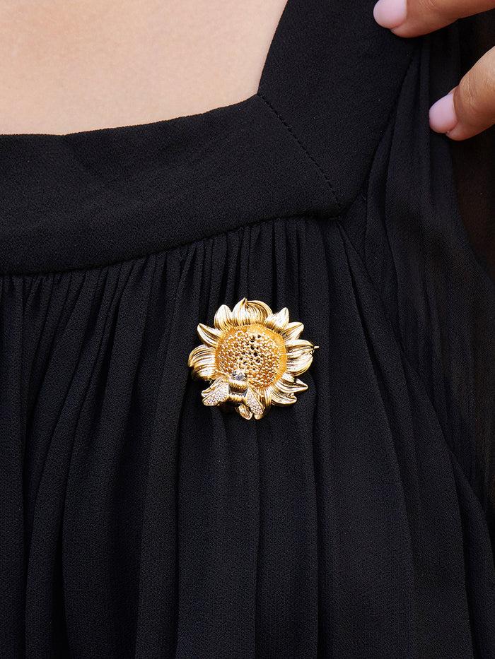 Les Néréides Nectar Of The Sun Sunflower And Bumblebee Brooch - Gold