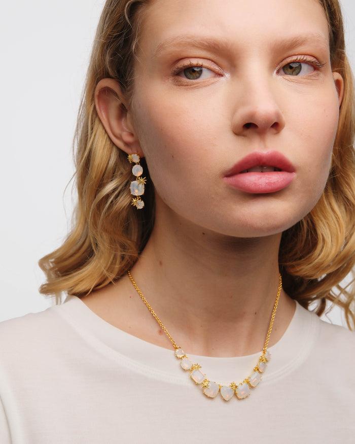 Les Néréides Opalescent White Diamantine Thin Necklace With Nine Stones And Fine Stars - Iridescent White