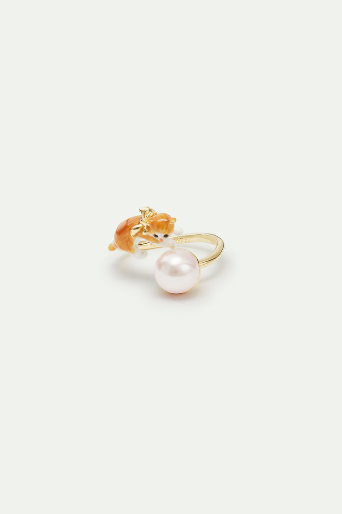 Les Néréides Orange Tabby Kitten And Cultured Pearl Adjustable Ring - Multicolor