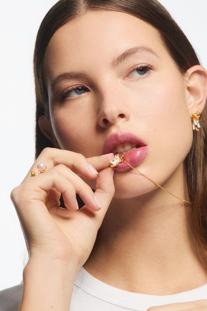 Les Néréides Orange Tabby Kitten And Cultured Pearl Adjustable Ring - Multicolor