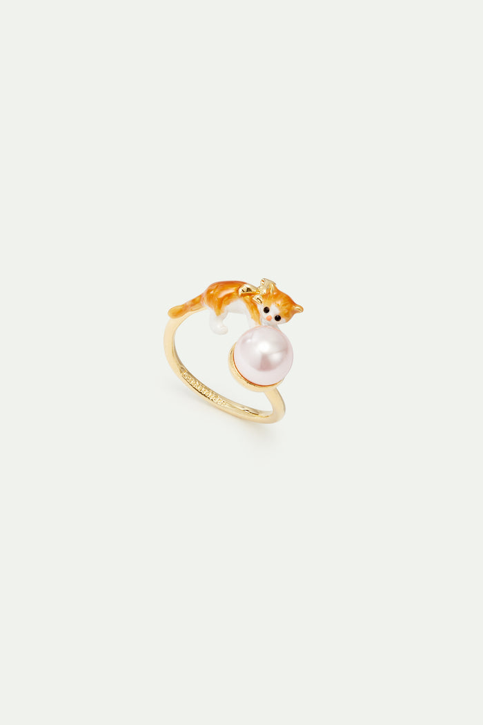 les néréides Orange Tabby Kitten and Cultured Pearl Adjustable Ring - Multicolor
