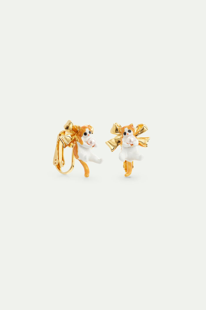 Les Néréides Orange Tabby Kitten And Golden Bow Clip-On Earrings - Multicolor