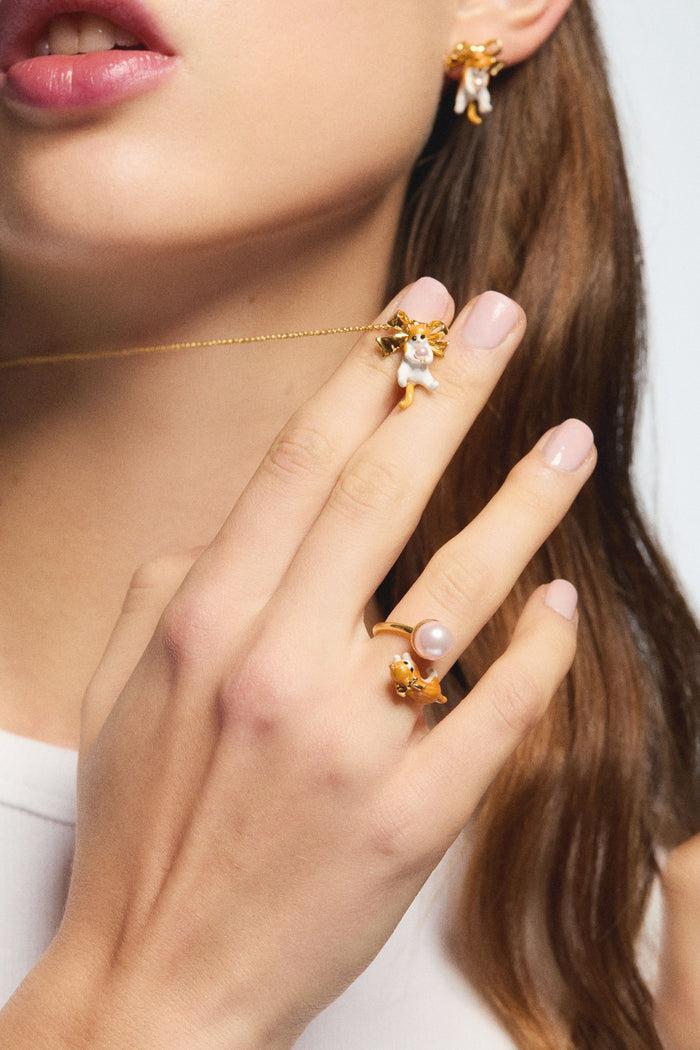 Les Néréides Orange Tabby Kitten And Golden Bow Post Earrings - Multicolor