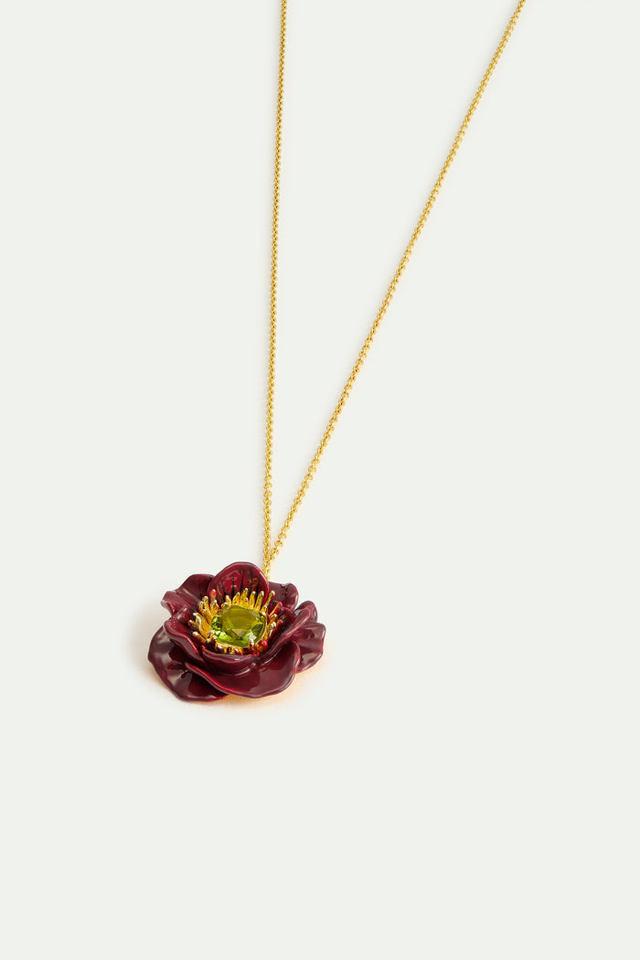 Les Néréides Pendant Necklace With Burgundy Anemone Flower And Green Faceted Stone - Burgandy
