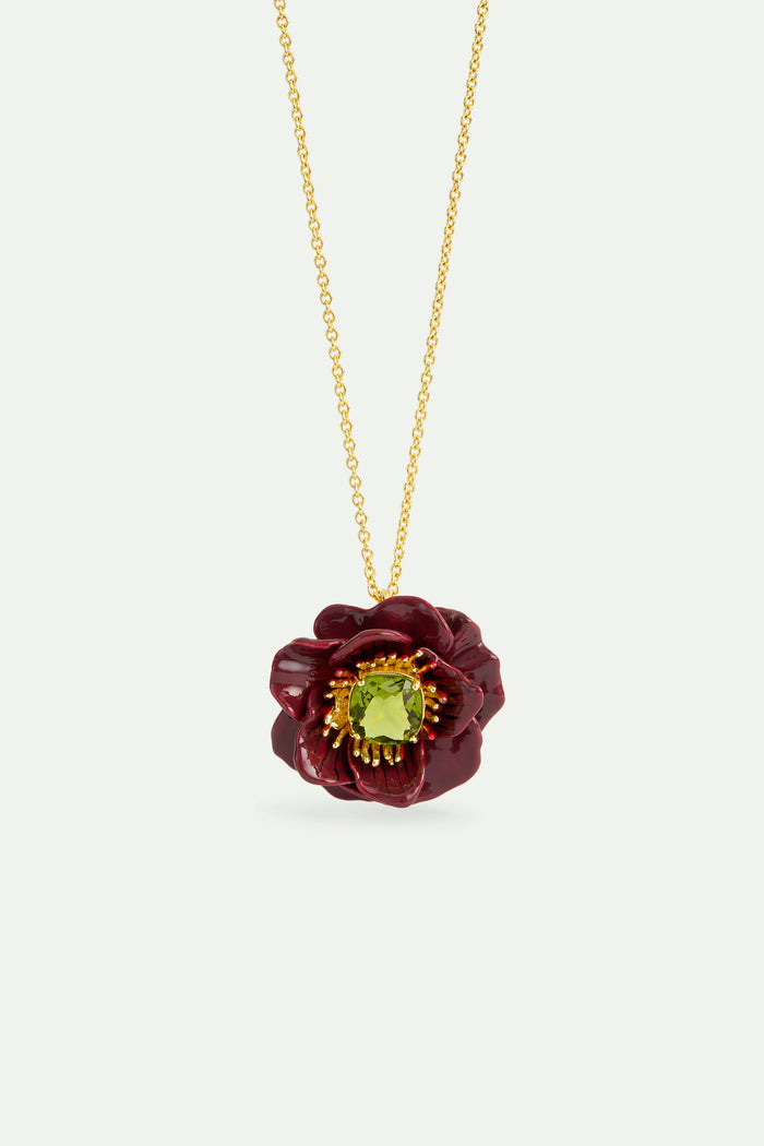 les néréides Pendant Necklace with Burgundy Anemone Flower and Green Faceted Stone - Burgandy
