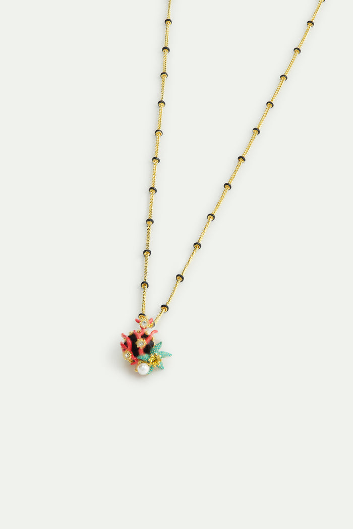 Les Néréides Pendant Necklace With Round Black Faceted Glass Stone Blue Starfish And Cultured Pearl - Multicolor